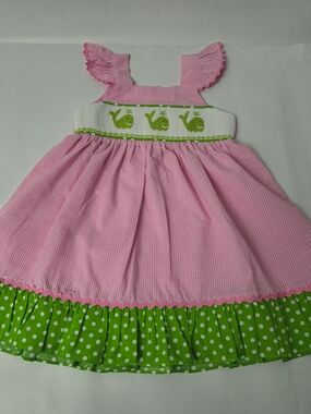 Pink Gingham Dress with Green Whale Smocking for Girls